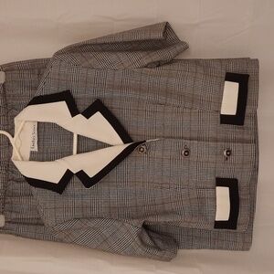 Gray Plaid Skirt Suit with Cream and Black Trim